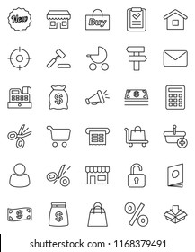 thin line vector icon set - cart vector, cash, money bag, new, shopping, percent, store, customer, target, buy, cashbox, receipt, basket, home, list, calculator, auction, trolley, mail, catalog