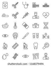 thin line vector icon set - school building vector, doctor bag, heart pulse, thermometer, vial, eye, magnifier, syringe, crutches, scissors, scalpel, sand clock, patch, stethoscope, pills bottle