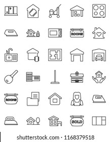 thin line vector icon set - cleaner trolley vector, mop, iron, shining window, house hold, sink, woman, microwave oven, university, school building, warehouse, cottage, chalet, garage, plan, sold