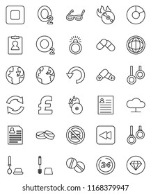 thin line vector icon set - toilet brush vector, glasses, world, personal information, pie graph, pound, no fastfood, gymnast rings, oxygen, earth, music hit, stop button, backward, pills, refresh