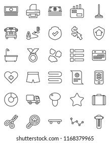 thin line vector icon set - mop vector, towel, bath, garbage pile, mushroom, certificate, scissors, school bus, constellation, pie graph, cash, case, dollar cursor, shorts, skateboard, medal, route