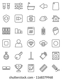 thin line vector icon set - mop vector, bath, rubber glove, garbage pile, cutting board, award cup, binder, first aid kit, sorting, remote control, stop button, forward, rec, flask, vial, equalizer