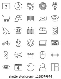 thin line vector icon set - water tap vector, sponge, rolling pin, pie graph, cart, dollar calendar, barbell, bike, fitball, medal, phone 24, dry cargo, no hook, disk, microphone, notebook pc, mail