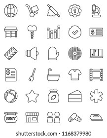 thin line vector icon set - broom vector, bath, shining window, water closet, cook glove, rolling pin, cereal, cake, annual report, receipt, medal, protected, film frame, disk, speaker, equalizer