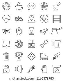 thin line vector icon set - trash bin vector, rubber glove, measuring cup, turk coffee, mushroom, pen, telescope, award, credit card, piggy bank, sand clock, shorts, roller Skates, target, bone, key