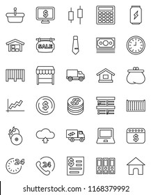 thin line vector icon set - notebook pc vector, exam, dollar coin, graph, japanese candle, calculator, clock, binder, tie, calendar, monitor, enegry drink, money, phone 24, sea container, delivery