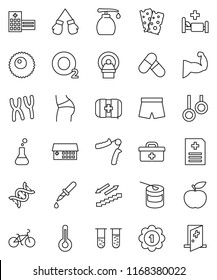 thin line vector icon set - liquid soap vector, diet, bike, hand trainer, muscule, buttocks, boxing glove, shorts, medal, pills, sports nutrition, stairways run, breads, first aid kit, gymnast rings