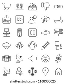 thin line vector icon set - pencil vector, world, cart, earth, satellite antenna, speaking man, link, finger down, pause button, forward, server, notebook network, cloud glass, exchange, firewall