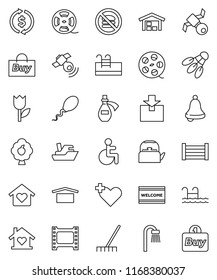 thin line vector icon set - rake vector, welcome mat, kettle, bell, exchange, shuttlecock, no fastfood, satellite, ship, wood box, dry cargo, tulip, package, film frame, spool, satellitie, disabled