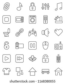 thin line vector icon set - toilet vector, music, arrow up, t shirt, radio, speaker, settings, remote control, heart, play button, pause, stop, forward, bench, loading, chain, unlock, cashbox, lock