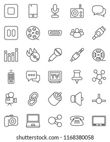 thin line vector icon set - film spool vector, music hit, camera, microphone, radio, speaker, equalizer, tv, video, remote control, mobile phone, dialog, notebook pc, classic, social media, link