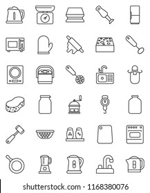 thin line vector icon set - sponge vector, sink, water tap, pan, kettle, colander, scales, apron, cook glove, whisk, skimmer, rolling pin, meat hammer, cutting board, hand mill, microwave oven, jar