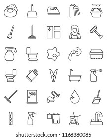 thin line vector icon set - soap vector, scraper, cleaner trolley, broom, vacuum, mop, scoop, rake, clothespin, sponge, water drop, window cleaning, splotch, iron, steaming, bath, toilet, liquid