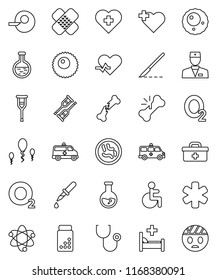 thin line vector icon set - atom vector, flask, pills vial, heart cross, oxygen, doctor bag, ambulance star, disabled, pulse, insemination, dropper, crutches, scalpel, broken bone, patch, microbs
