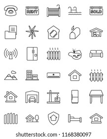 thin line vector icon set - house vector, chalet, pond, pool, windmill, mountain, garage, barn, fence, estate document, rent signboard, sold, apartments, crib, table, cushioned furniture, heating