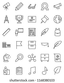 thin line vector icon set - graduate hat vector, pen, pencil, school building, blackboard, ruler, drawing compass, glasses, student, backpack, telescope, table lamp, clipboard, paper pin, award cup