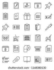 thin line vector icon set - cleaner trolley vector, toilet paper, book, pen, schedule, clipboard, pin, certificate, document, exam, check, annual report, receipt, binder, dollar calendar, newspaper