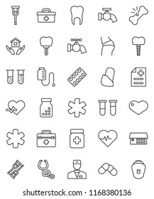 thin line vector icon set - water tap vector, house hold, heart pulse, buttocks, doctor bag, ambulance star, vial, crutches, broken bone, stethoscope, pills, bottle, blister, anamnesis, bandage
