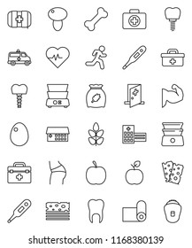 thin line vector icon set - double boiler vector, cereal, egg, mushroom, apple fruit, diet, heart pulse, muscule hand, buttocks, fitness mat, cereals, breads, first aid kit, bone, run, doctor bag