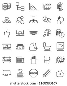 thin line vector icon set - toilet vector, plates, colander, cookbook, pasta, pencil, corner ruler, coin stack, money search, hierarchy, stadium, buttocks, Railway carriage, satellite, truck trailer