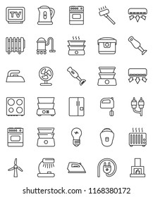 thin line vector icon set - vacuum cleaner vector, iron, kettle, mixer, oven, double boiler, blender, table lamp, tv, rca, windmill, air conditioner, fridge, power plug, multi cooker, epilator, fan