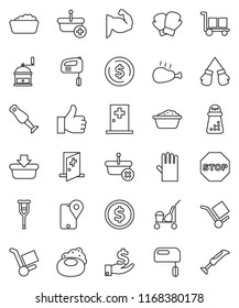 thin line vector icon set - soap vector, cleaner trolley, foam basin, rubber glove, hand mill, blender, chicken leg, dollar coin, investment, muscule, boxing, traking, cargo, finger up, crutches