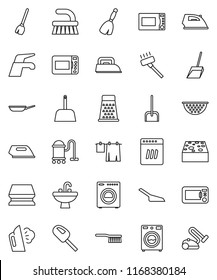 thin line vector icon set - broom vector, water tap, vacuum cleaner, fetlock, scoop, sponge, iron, steaming, drying clothes, washer, sink, pan, colander, grater, microwave oven, dishwasher