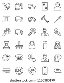 thin line vector icon set - scraper vector, vacuum cleaner, car fetlock, window cleaning, steaming, agent, shining, woman, dollar cursor, phone 24, support, delivery, cargo search, mobile, doctor