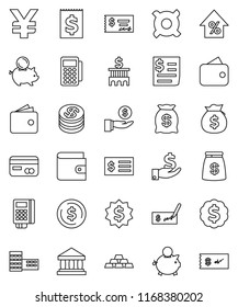 thin line vector icon set - school building vector, bank, dollar coin, wallet, percent growth, money bag, piggy, investment, check, receipt, medal, any currency, yen sign, gold ingot, credit card
