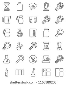 thin line vector icon set - window cleaning vector, measuring cup, jug, jar, oil, magnifier, flask, no alcohol sign, cargo search, vial, sand clock, potion, cloud glass, estate, client, coffee maker