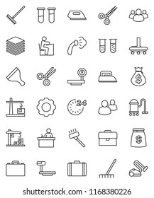 thin line vector icon set - scraper vector, vacuum cleaner, rake, steaming, student, case, money bag, big scales, group, vial, scissors, data, gear, construction crane, 24 hour, iron