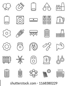 thin line vector icon set - kettle vector, atom, magnet, weight, hand trainer, muscule, boxing glove, gymnast rings, remote control, battery, gear, solar panel, windmill, air conditioner, factory