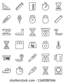 thin line vector icon set - measuring cup vector, scales, corner ruler, sand clock, stopwatch, weight, big, thermometer, store, kitchen