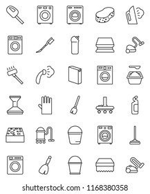 thin line vector icon set - broom vector, vacuum cleaner, mop, bucket, sponge, car fetlock, steaming, washer, washing powder, cleaning agent, rubber glove