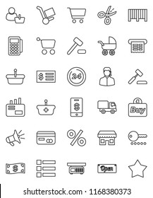 thin line vector icon set - cart vector, receipt, credit card, cash, open, 24 hour, percent, store, customer, support, buy, barcode, reader, basket, auction, trolley, delivery, mail, loudspeaker