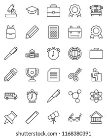 thin line vector icon set - graduate hat vector, pencil, school building, ruler, glasses, student, case, backpack, atom, pen, telescope, microscope, calculator, alarm clock, paper pin, award cup