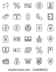 thin line vector icon set - dollar coin vector, gold ingot, japanese candle, cash, money bag, check, bank building, receipt, medal, flag, safe, calendar, monitor, cursor, sign, credit card, percent