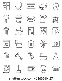 thin line vector icon set - soap vector, scraper, cleaner trolley, scoop, bucket, sponge, trash bin, window cleaning, welcome mat, bath, toilet, liquid, shining, paper, shower, towel, tooth implant