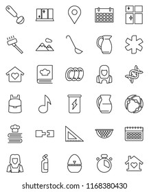 thin line vector icon set - vacuum cleaner vector, cleaning agent, plates, shining window, woman, colander, cook timer, ladle, cookbook, jug, corner ruler, backpack, music, enegry drink, calendar