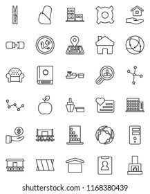 thin line vector icon set - clothespin vector, house hold, apple fruit, constellation, investment, personal information, any currency, heart monitor, navigator, Railway carriage, port, dry cargo