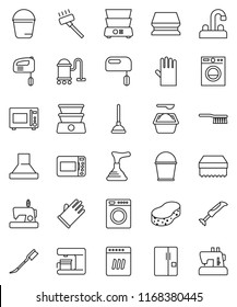 thin line vector icon set - plunger vector, vacuum cleaner, fetlock, bucket, sponge, car, washing powder, rubber glove, water tap, microwave oven, double boiler, fridge, washer, dishwasher, mixer