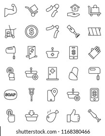 thin line vector icon set - soap vector, cleaner trolley, rubber glove, house hold, mixer, blender, chicken leg, dollar coin, hand trainer, muscule, traking, cargo, touchscreen, finger up, crutches