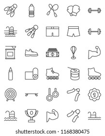 thin line vector icon set - award cup vector, barbell, stadium, jump rope, hand trainer, punching bag, muscule, snickers, boxing glove, shorts, roller Skates, skateboard, target, medal, water bottle