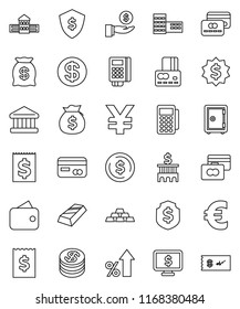 thin line vector icon set - school building vector, bank, dollar coin, gold ingot, credit card, percent growth, money bag, investment, receipt, medal, shield, safe, monitor, euro sign, yen, wallet