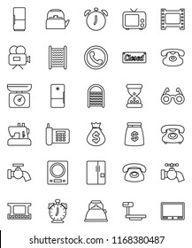 thin line vector icon set - water tap vector, washboard, kettle, glasses, alarm clock, money bag, phone, big scales, film frame, tv, video camera, classic, sand, fridge, closed, kitchen
