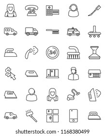 thin line vector icon set - vacuum cleaner vector, fetlock, car, iron, steaming, shining window, woman, dollar cursor, phone 24, support, delivery, mobile, hospital building, amkbulance, hour
