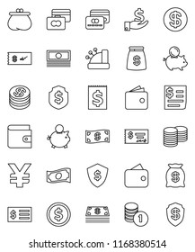 thin line vector icon set - dollar coin vector, credit card, wallet, cash, piggy bank, investment, stack, check, receipt, shield, yen sign, money bag, cashbox