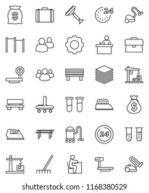 thin line vector icon set - scraper vector, vacuum cleaner, rake, iron, student, money bag, case, horizontal bar, big scales, group, vial, data, gear, bench, construction crane, 24 hour