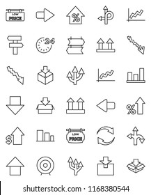 thin line vector icon set - graph vector, crisis, percent growth, dollar, target, arrow down, up, route, top sign, package, sorting, refresh, low price signboard, 24 hour, signpost