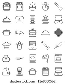 thin line vector icon set - pan vector, cook hat, apron, glove, timer, whisk, spatula, knife, grater, oven, double boiler, cookbook, sieve, dish, mixer, multi cooker, toaster